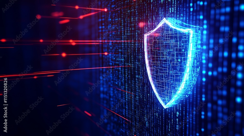 Poster digital shield representing cyber security against data breaches and online threats in a futuristic 