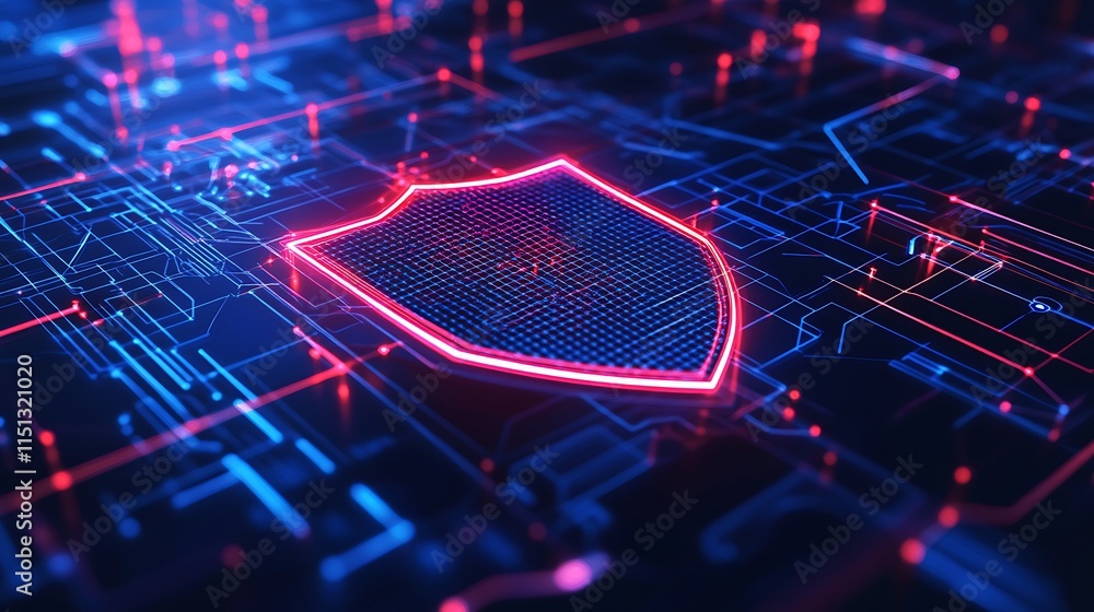 Poster digital shield security concept with glowing lines and circuits in a futuristic technology backgroun
