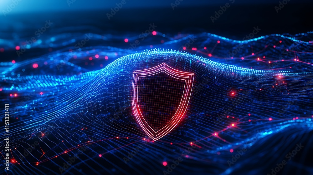 Aufkleber digital shield symbol over glowing wave patterns in blue and red colors representing cybersecurity p