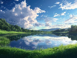 Fototapeta premium Dusk reflections on a serene lake nature landscape soft blue and green colors tranquil environment artistic viewpoint