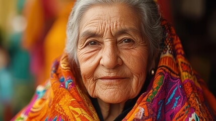 Fototapeta premium Elderly Mexican woman with a rebozo and a warm expression.