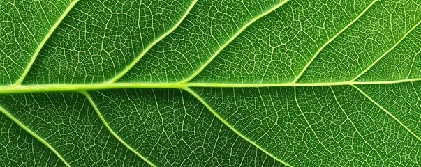 Fototapeta premium Green foliage concept. Close-up of a vibrant green leaf showcasing intricate vein patterns and textures.