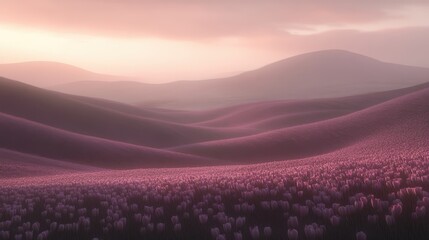 Purple Tulips Bloom Across Rolling Hills at Sunset