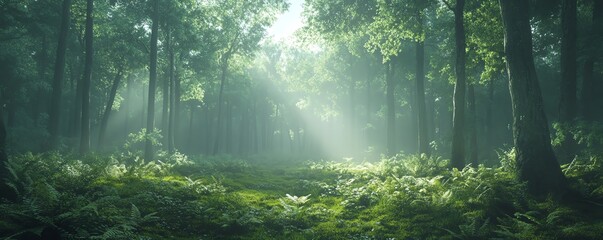 Obraz premium A stunning forest view with lush green pine trees growing from soil, surrounded by vibrant undergrowth and soft sunlight streaming through the branches