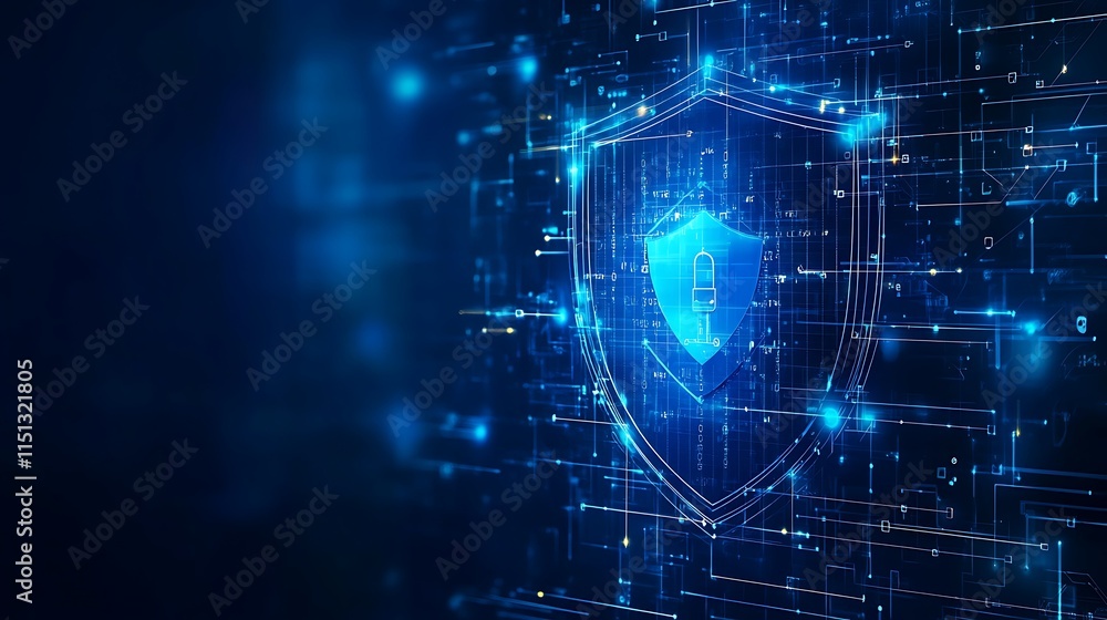 Poster digital shield symbol representing cybersecurity in a futuristic technology background