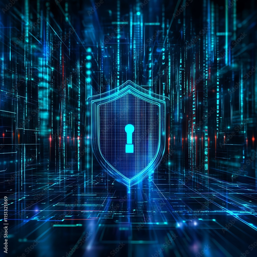 Poster digital shield symbol representing cybersecurity protection in a futuristic data environment with gl