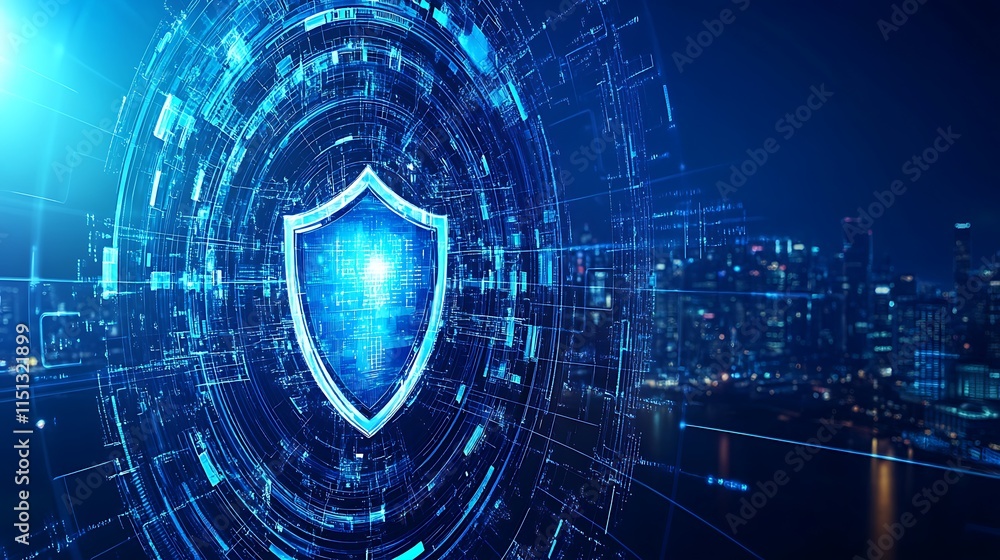 Aufkleber digital shield symbol representing cybersecurity protection over abstract cityscape with futuristic 