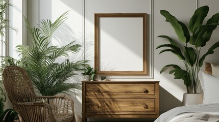 Elegant bedroom with a blank frame on the dresser