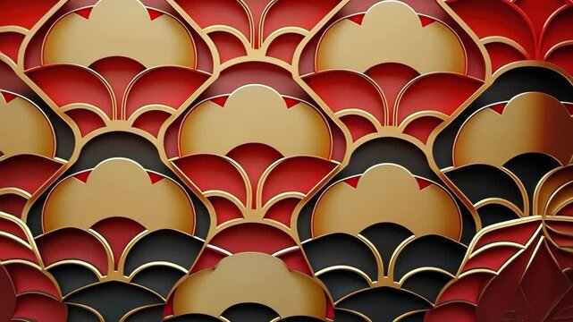 Oriental red and gold geometric traditional style. 3d festive ornament for lunar Chinese new year decoration. 