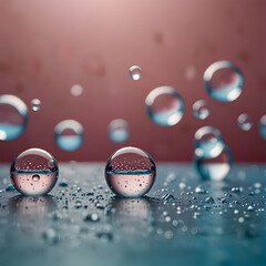 water droplets floating on a pastel pink and blue background