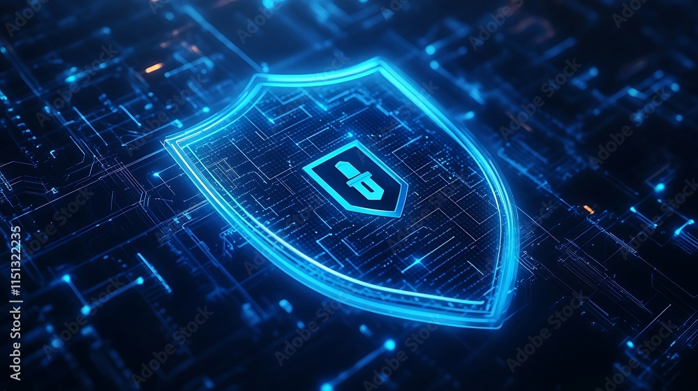 Poster digital shield symbolizing cyber security protection with circuit background and lock icon in blue t