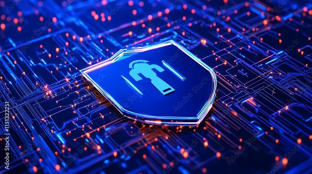Poster digital shield symbolizing cyber security with bright blue circuit background and glowing particles