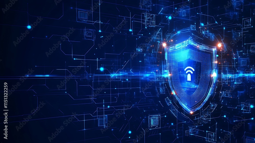 Poster digital shield symbolizing cyber security with futuristic technology elements and blue light backgro