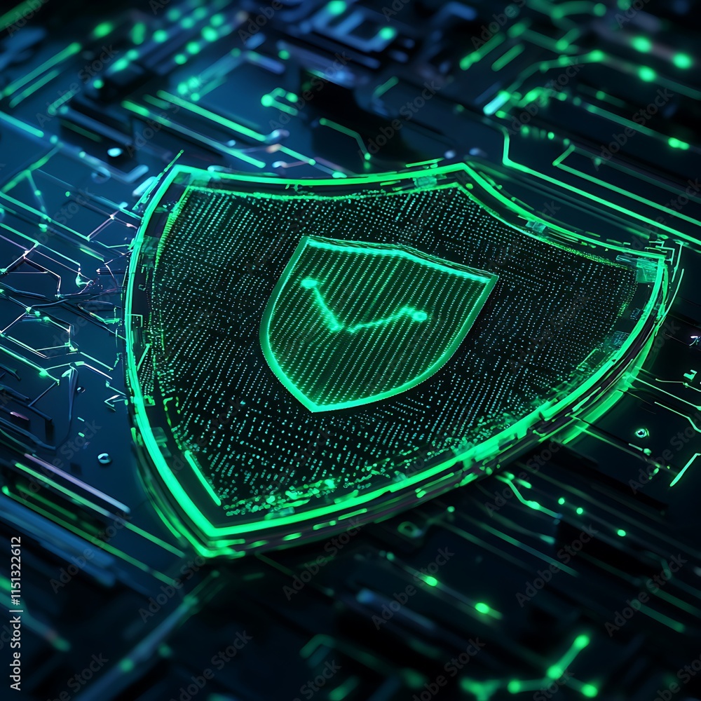 Poster digital shield symbolizing cybersecurity protection on futuristic circuit board background