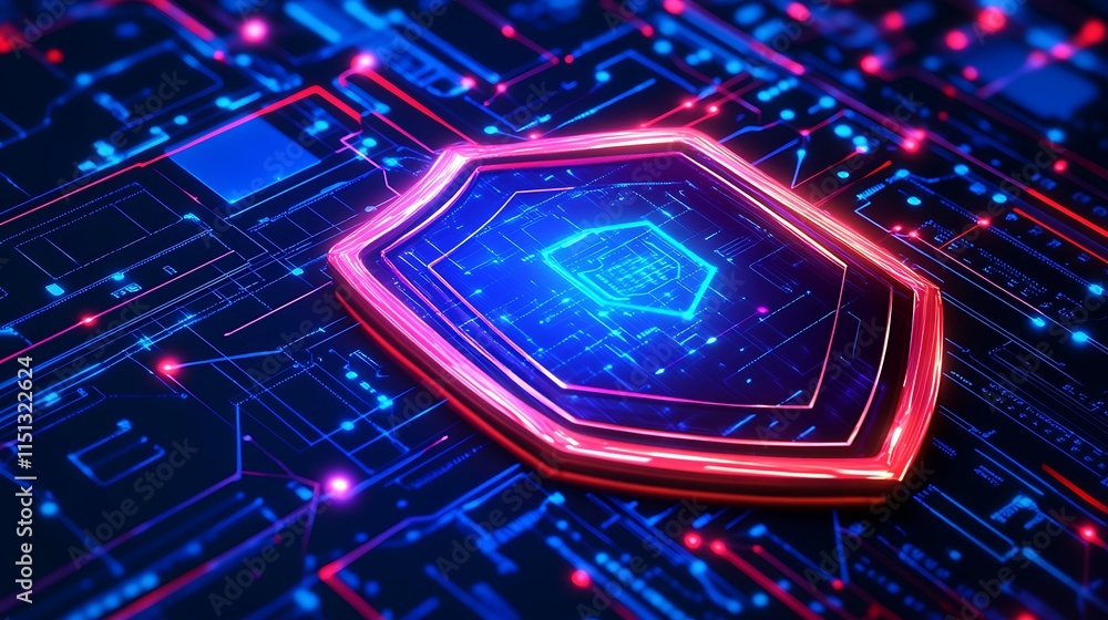 Poster digital shield symbolizing cybersecurity protection on futuristic circuit technology background