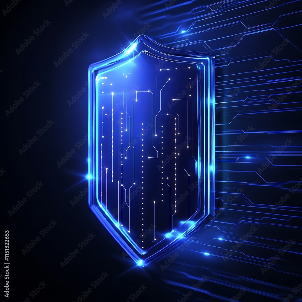 Poster digital shield symbolizing cybersecurity protection with circuit patterns and glowing effects