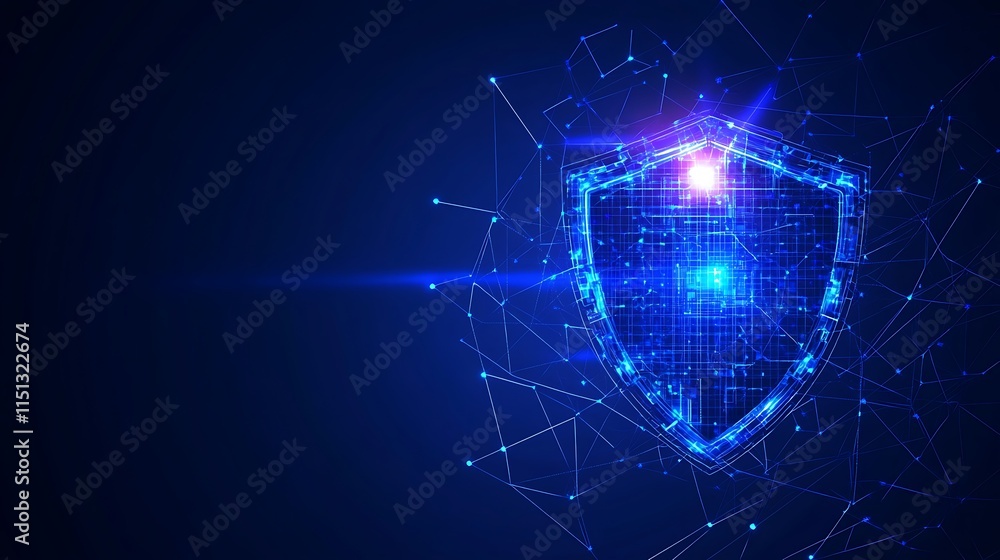 Poster digital shield symbolizing cybersecurity protection with futuristic technology elements