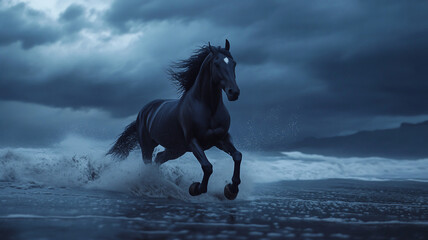 running horse during midnight in a beach with a low Angle 