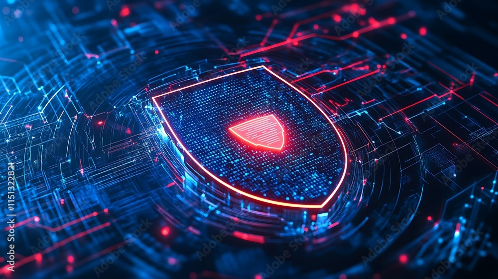 Poster digital shield symbolizing cybersecurity with abstract circuit patterns on dark background