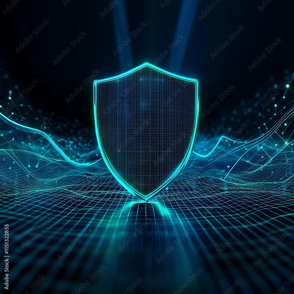 Poster digital shield symbolizing cybersecurity with abstract lines and lights on dark background