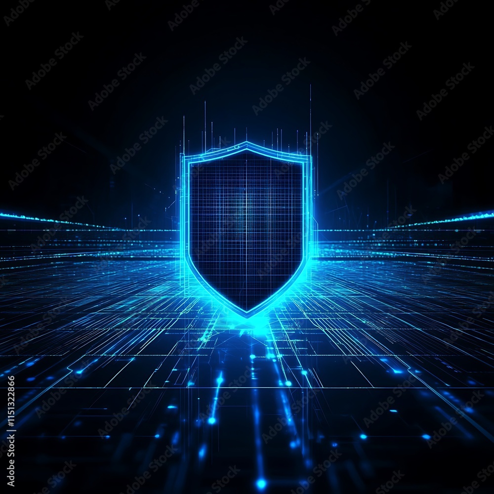 Poster digital shield symbolizing cybersecurity with futuristic glow in abstract data landscape