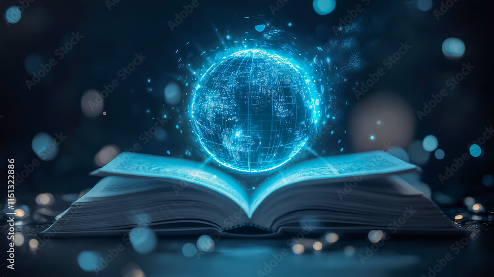 Poster illuminated holographic globe emerging from open book in dark ambient setting