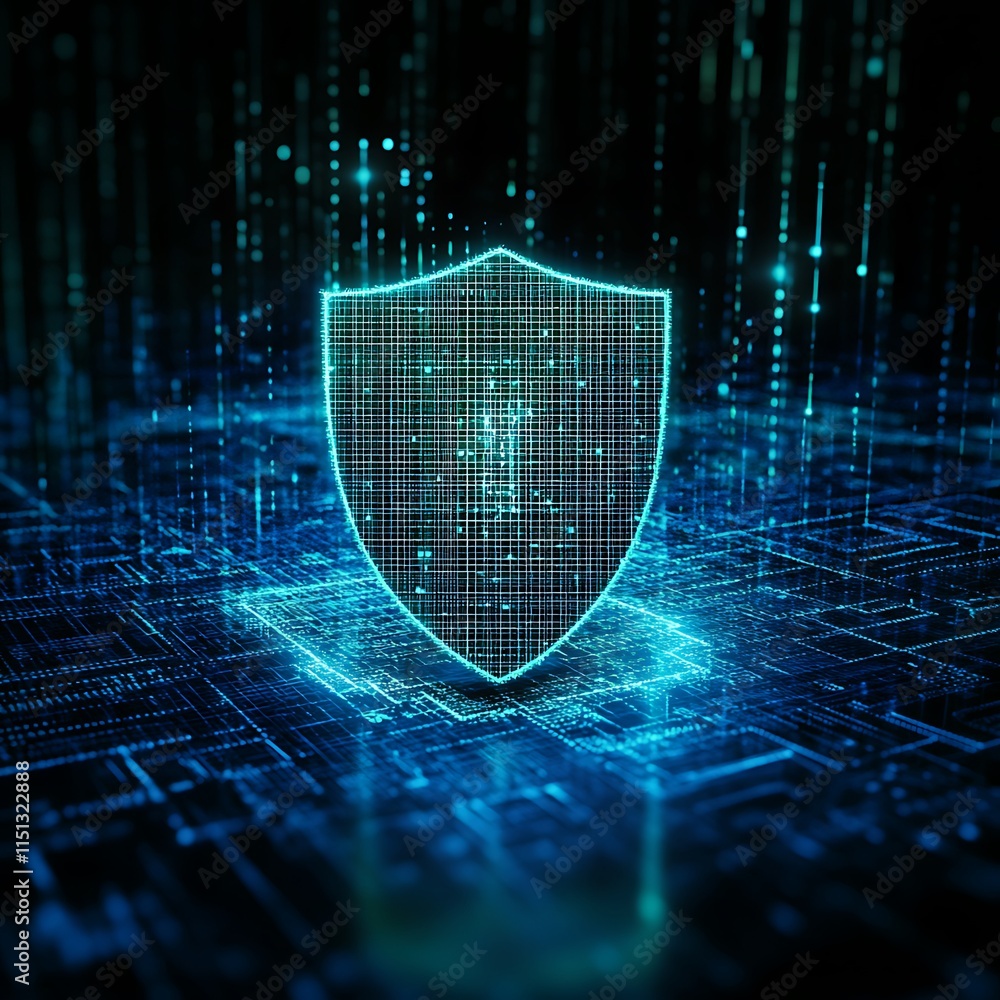 Poster digital shield symbolizing data protection in cybersecurity with abstract futuristic background