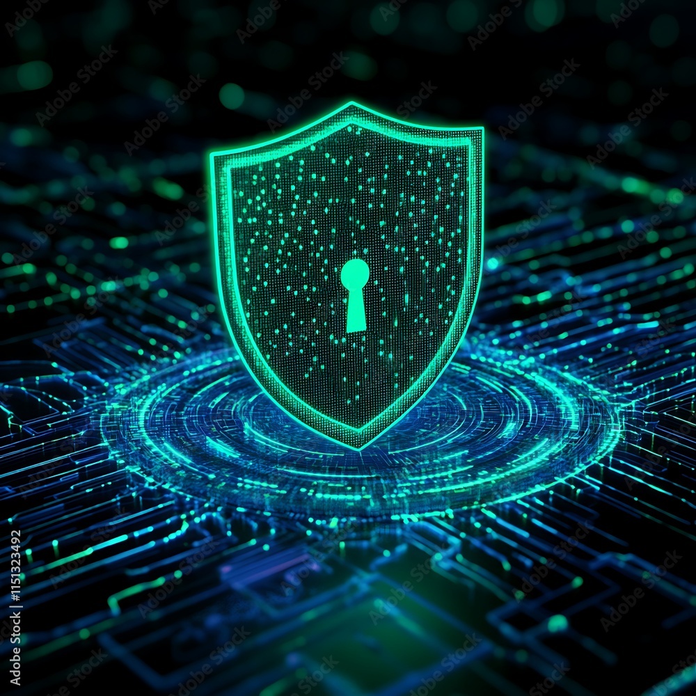 Poster digital shield with keyhole symbol on a futuristic circuit board background representing cybersecuri