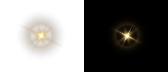 Png gold star light, sparkle. Yellow light effect. Shining light with yellow gold color. Png spotlight spark.Vector transparent sunlight special lens flare light effect.	
