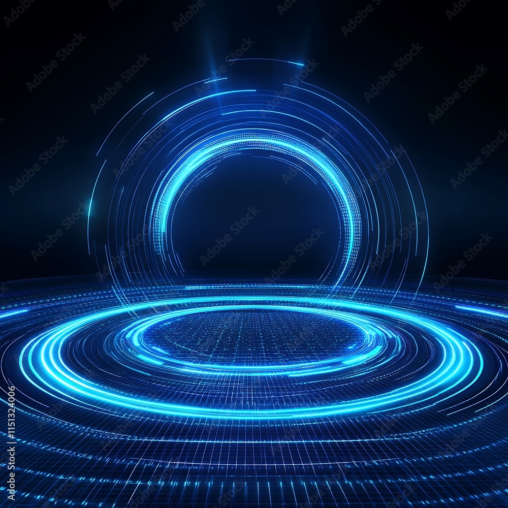 Poster futuristic abstract circular digital patterns with blue light effects in dark background for technol