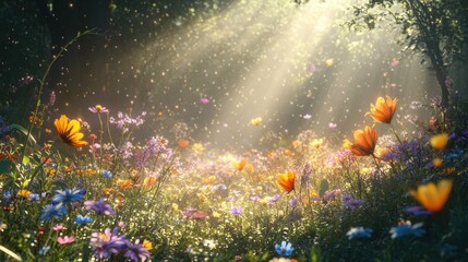 Field of wildflowers illuminated by sunlight, with sparkles in the air.