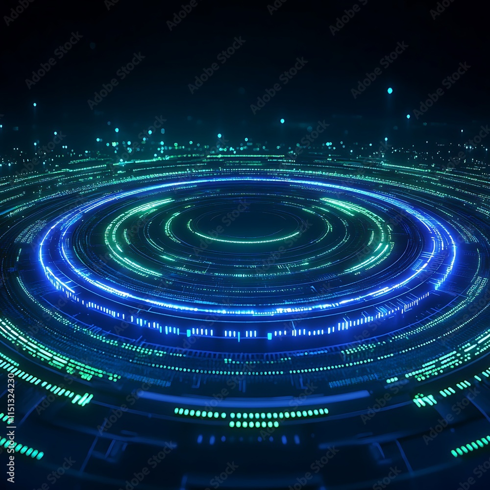 Poster futuristic abstract digital technology circle with glowing lines and dots in a dark background