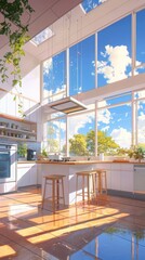 Fototapeta premium Elegant anime style chef's kitchen with clean lines vibrant colors and bright natural light
