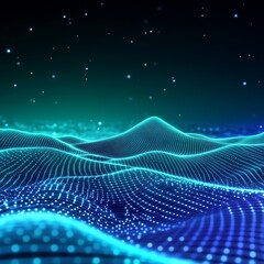 Futuristic Abstract Landscape with Flowing Waves and Glowing Particles in Blue and Green Color Palette