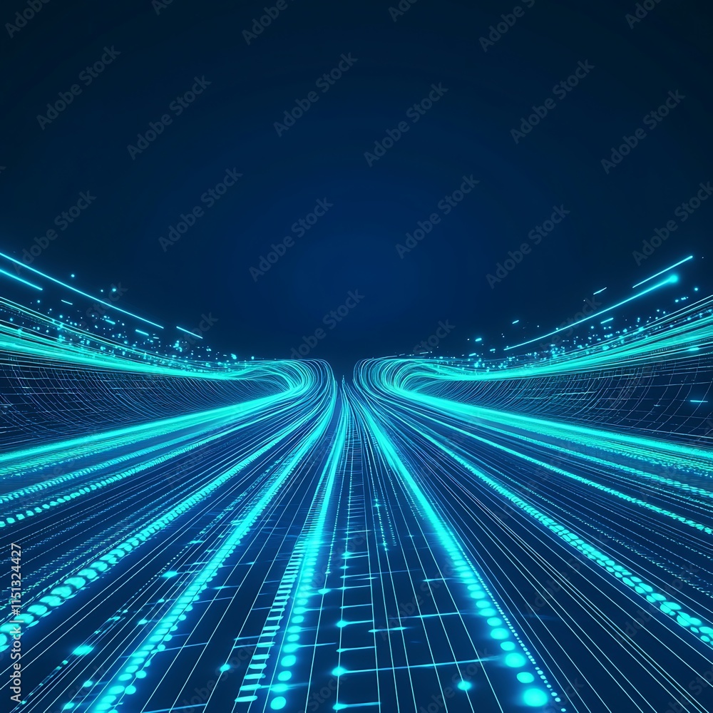 Poster futuristic blue digital background with flowing light trails and data streams for technology concept