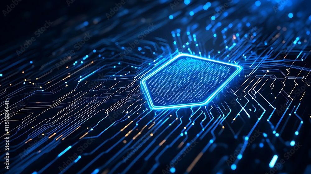 Poster futuristic blue circuit board design with hexagonal shape and glowing elements for high-tech backgro
