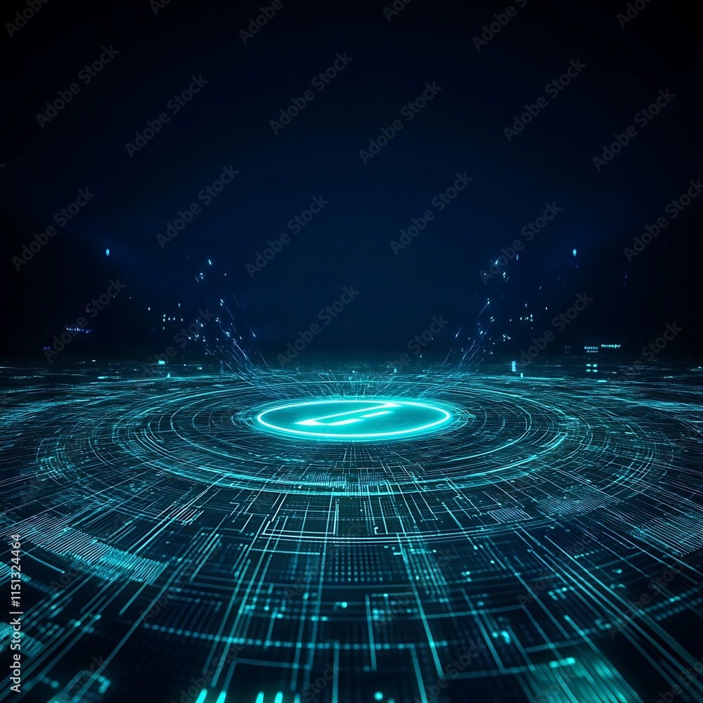 Poster futuristic blue digital landscape with circular data patterns and glowing elements in a dark environ