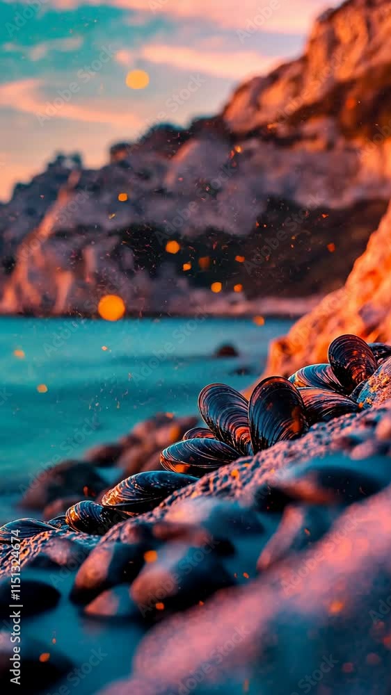 Poster beautiful sunset over a rocky beach with shells and gentle waves in the background creating a tranqu