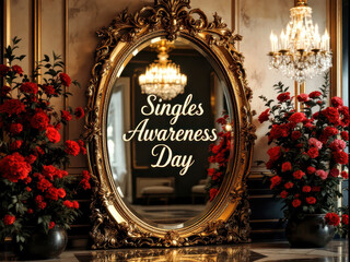 Elegant singles awareness day celebration with ornate mirror and red roses in luxurious setting