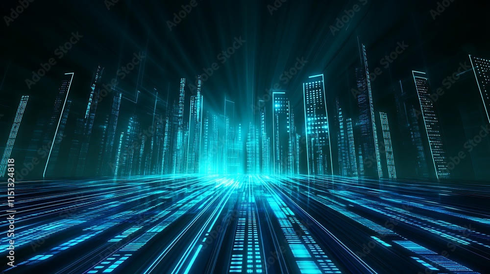 Poster futuristic city skyline with glowing blue lights and digital circuit patterns representing technolog