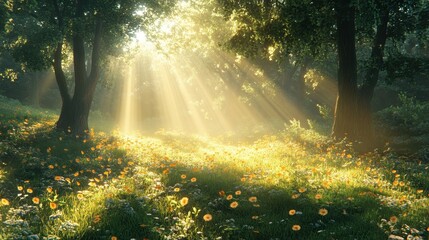 Obraz premium Forest glade with sunlight streaming through