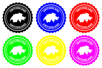 Switzerland - rubber stamp - vector, Swiss Confederation map pattern - sticker - black, blue, green, yellow, purple and red