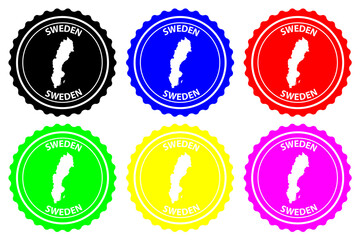 Sweden - rubber stamp - vector,  Kingdom of Sweden map pattern - sticker - black, blue, green, yellow, purple and red
