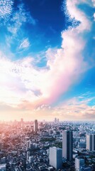 Obraz premium Vibrant anime style cityscape at sunset urban environment clean lineart viewpoint elegant aesthetics