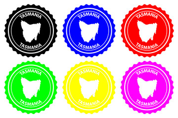 Obraz premium Tasmania - rubber stamp - vector, Tasmania map pattern - sticker - black, blue, green, yellow, purple and red