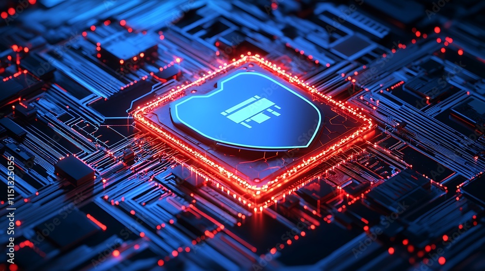 Poster futuristic cpu chip with security shield on circuit board background illuminated in neon blue and re