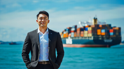 Confident asian young male in business suit standing near ocean with container ship in background