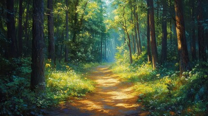 Obraz premium Forest path with dappled sunlight