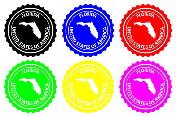 Florida - rubber stamp - vector, Florida (United States of America) map pattern - sticker - black, blue, green, yellow, purple and red