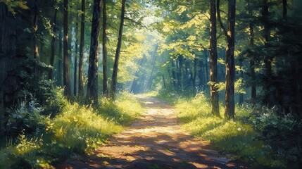 Fototapeta premium Forest path with dappled sunlight